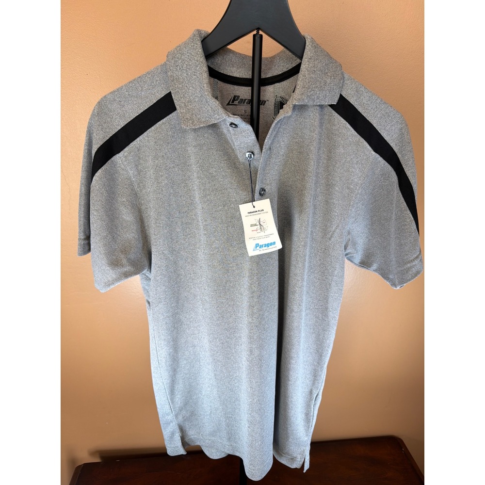 Paragon Plus Mens Polo Shirt Small‎ Gray Black Stripe Moisture Management NWT